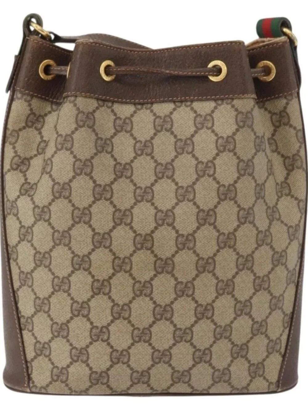 GUCCI GG Supreme Sherry Line Drawstring PVC Beige Red 164 02 034 Auth BA13148